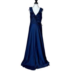 BHLDN Tansy Satin Charmeuse Wrap Maxi Dress 14 Navy Blue Ruffle Formal Wedding